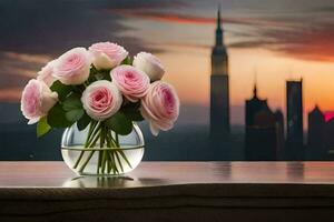 pink roses in a vase on a table with a city skyline in the background. AI-Generated photo