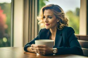 a woman in a business suit sits at a table with a cup of coffee. AI-Generated photo