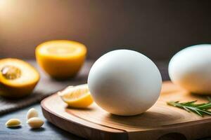 two eggs on a cutting board with lemon and garlic. AI-Generated photo