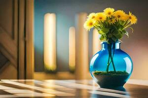 a blue vase with yellow flowers sitting on a table. AI-Generated photo