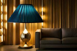 a blue lamp is sitting on a table next to a couch. AI-Generated photo