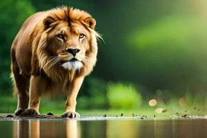 un león caminando a través de el agua en el bosque. generado por ai foto