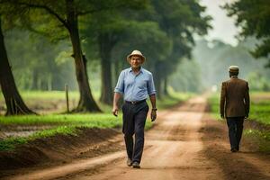 two men walking down a dirt road in the middle of a field. AI-Generated photo