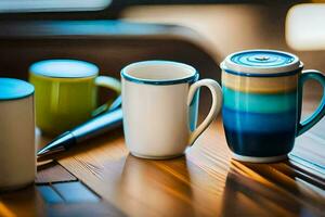 three coffee mugs sit on a table. AI-Generated photo