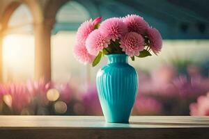 a blue vase with pink flowers on a table. AI-Generated photo