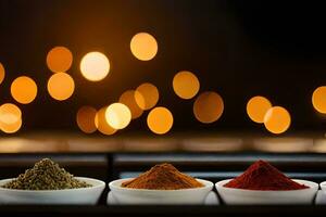 spices in bowls on a table with candles in the background. AI-Generated photo