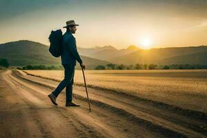 a man with a hat and cane walking on a dirt road. AI-Generated photo