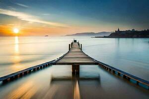 a long exposure photo of a pier stretching into the ocean. AI-Generated