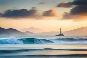 a lighthouse in the ocean at sunset with waves. AI-Generated photo