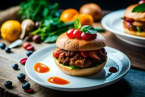 a hamburger with tomatoes and blueberries on a plate. AI-Generated photo