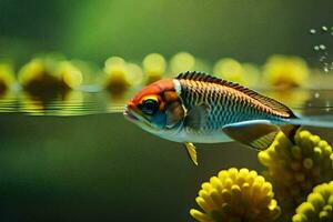 a fish swimming in the water with yellow flowers. AI-Generated photo