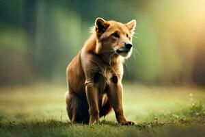 a dog sitting on the grass in the woods. AI-Generated photo