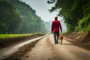 un hombre en un rojo chaqueta y sombrero caminando su perro abajo un suciedad la carretera. generado por ai foto