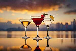 three glasses of cocktails on a table with a city skyline in the background. AI-Generated photo