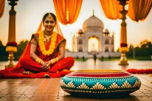 a beautiful indian bride sitting on the floor with her wedding dress. AI-Generated photo