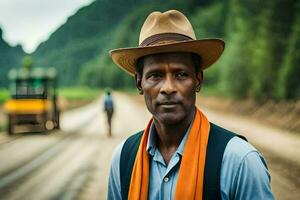 a man in a hat standing on a dirt road. AI-Generated photo