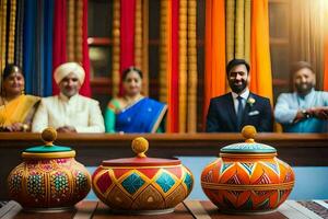 a man in a suit and a woman in a sari stand in front of colorful pots. AI-Generated photo