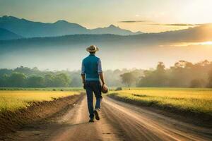 un hombre caminando abajo un suciedad la carretera en el medio de un campo. generado por ai foto