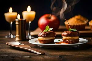 two apple muffins sit on a plate with candles and a spoon. AI-Generated photo