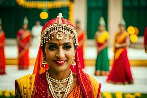 un mujer en tradicional indio atuendo es sonriente. generado por ai foto