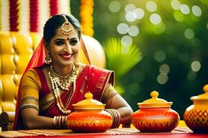 a woman in traditional indian attire sits at a table with two pots. AI-Generated photo