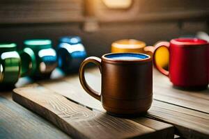 colorful mugs on a wooden table. AI-Generated photo