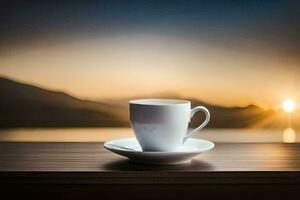 coffee cup on a table with the sun setting behind it. AI-Generated photo