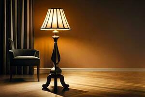 un lámpara y silla en un habitación con un pared. generado por ai foto