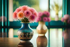 a vase with pink flowers sitting on a table. AI-Generated photo