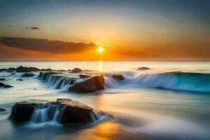 a beautiful sunset over the ocean with waves crashing on rocks. AI-Generated photo