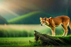 a red fox standing on a log in the grass. AI-Generated photo