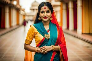 un mujer en tradicional sari poses para un foto. generado por ai foto
