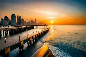 the sun sets over a pier in the middle of a city. AI-Generated photo