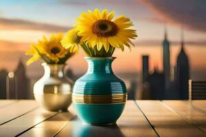 sunflowers in vases on a table with cityscape in the background. AI-Generated photo