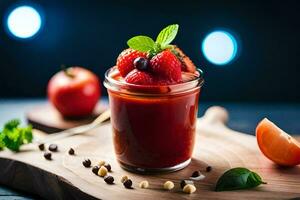 a jar of tomato sauce with strawberries and mint. AI-Generated photo