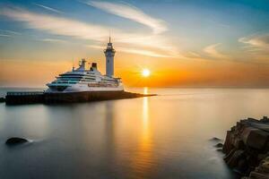 un crucero Embarcacion atracado a el muelle a puesta de sol. generado por ai foto