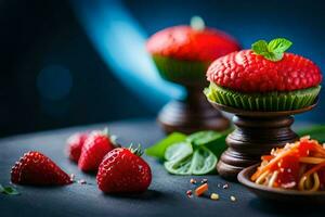 strawberries and cupcakes on a wooden table. AI-Generated photo