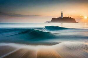 un faro en el Oceano con olas y un puesta de sol. generado por ai foto