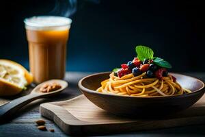 spaghetti with berries and mint leaves in a bowl. AI-Generated photo
