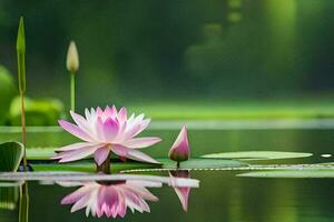 rosado loto flor en el agua con verde hojas. generado por ai foto