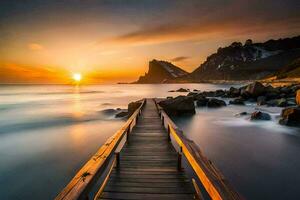 a wooden pier leads to the ocean at sunset. AI-Generated photo
