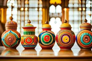 five colorful vases are lined up on a table. AI-Generated photo