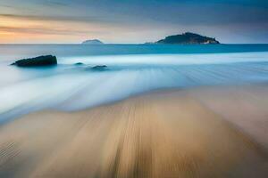 a long exposure photograph of waves crashing on the beach. AI-Generated photo