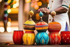 a man is holding a colorful pot on a table. AI-Generated photo