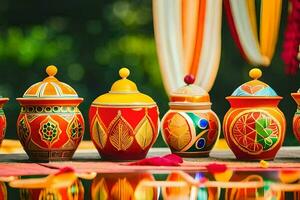 a row of colorful pots with designs on them. AI-Generated photo