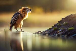 un pájaro es en pie en el borde de un lago. generado por ai foto