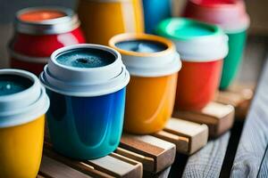 colorful cups on a wooden tray. AI-Generated photo