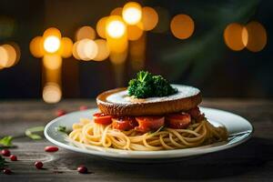 un plato de espaguetis con carne y Tomates en un de madera mesa. generado por ai foto