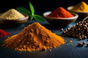 various spices and spices on a black background. AI-Generated photo