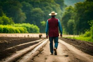 a man in a hat and vest walking down a dirt road. AI-Generated photo